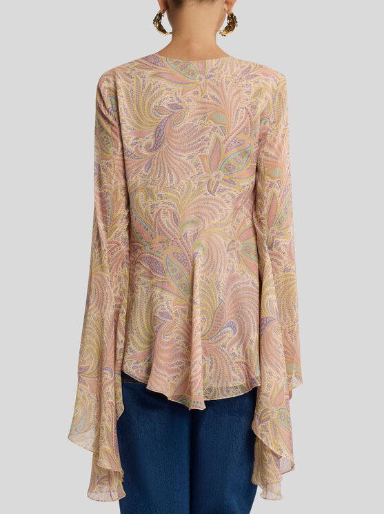 Etro Silk Crepon Top With Intricate Paisley Foliage Print In White