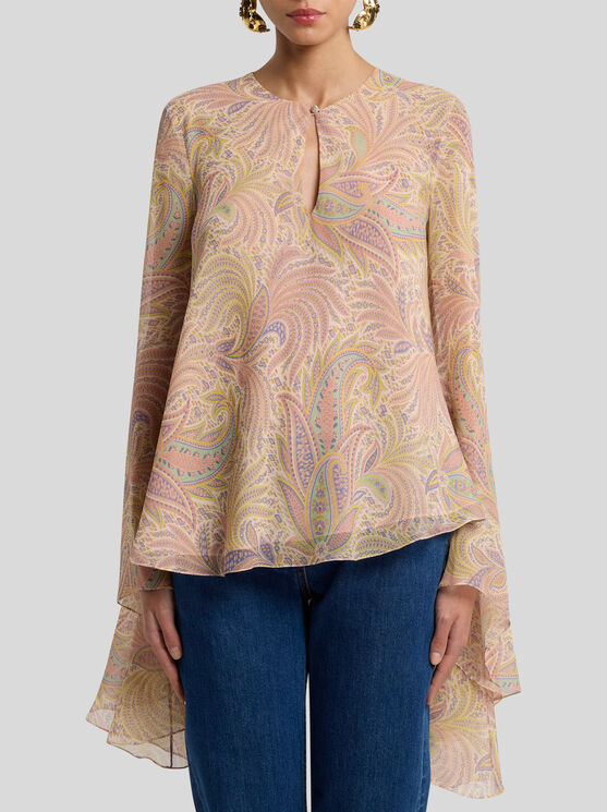 Etro Silk Crepon Top With Intricate Paisley Foliage Print In White