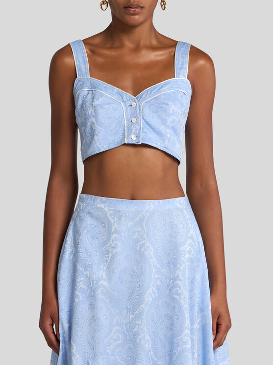 Etro Paisley Print Button Detail Cropped Top In Blue