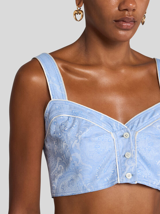 Etro Paisley Print Button Detail Cropped Top In Blue