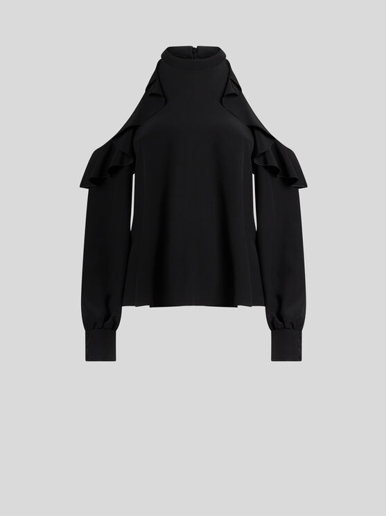 Etro Draped Detail Cold Shoulder Blouse With Ruffled Design In Black