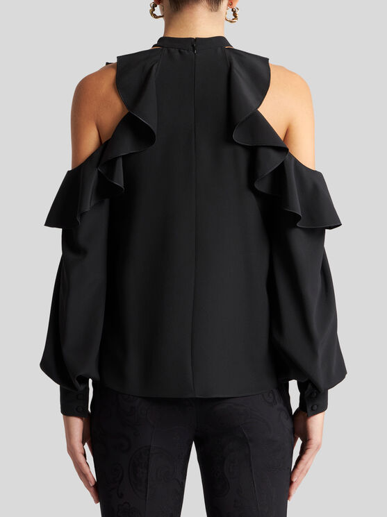 Etro Draped Detail Cold Shoulder Blouse With Ruffled Design In Black