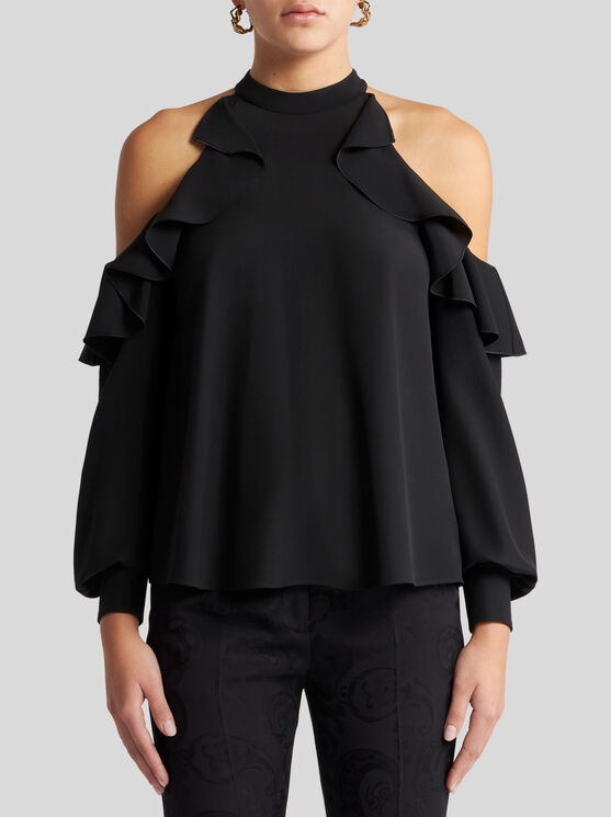 Etro Draped Detail Cold Shoulder Blouse With Ruffled Design In Black