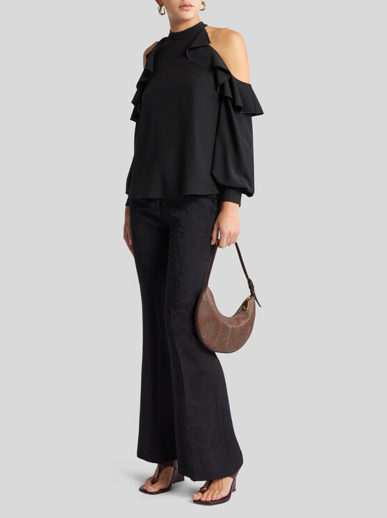 Etro Draped Detail Cold Shoulder Blouse With Ruffled Design In Black
