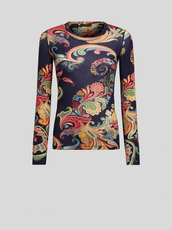 Shop Etro Wool Jersey Top With Print In Navyblau