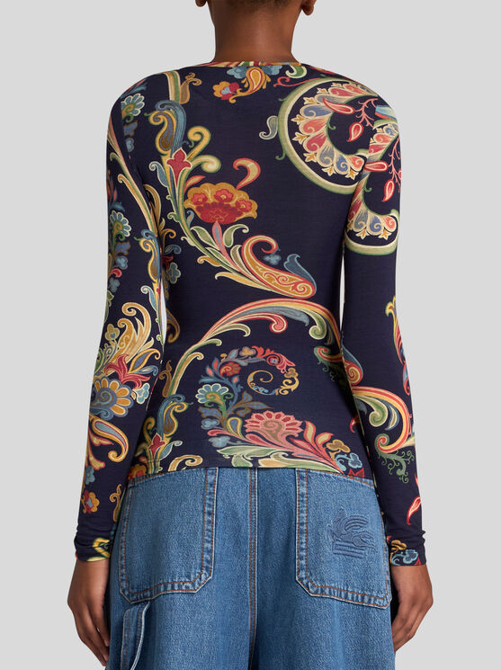 Shop Etro Wool Jersey Top With Print In Navyblau