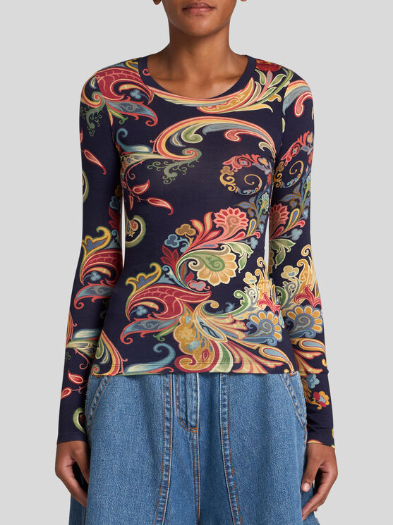 Shop Etro Wool Jersey Top With Print In Navyblau