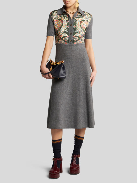 Shop Etro Knit Fabric And Silk Polo Dress In Dark Green