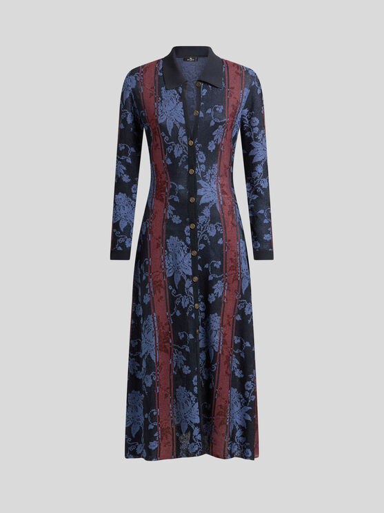 Etro , Maxi Cardigan With Floral Jacquard Motif, Woman, Navy Blue, Size 46 In Navy Blue