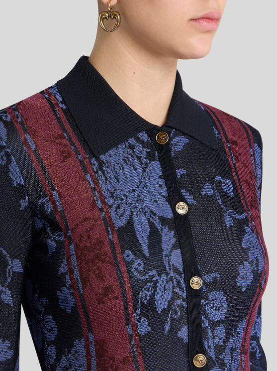 Etro , Maxi Cardigan With Floral Jacquard Motif, Woman, Navy Blue, Size 46 In Navy Blue