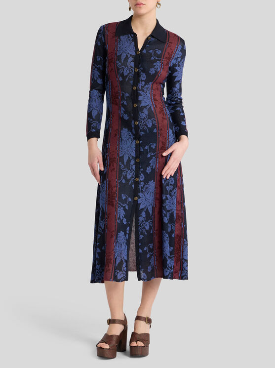 Etro , Maxi Cardigan With Floral Jacquard Motif, Woman, Navy Blue, Size 46 In Navy Blue
