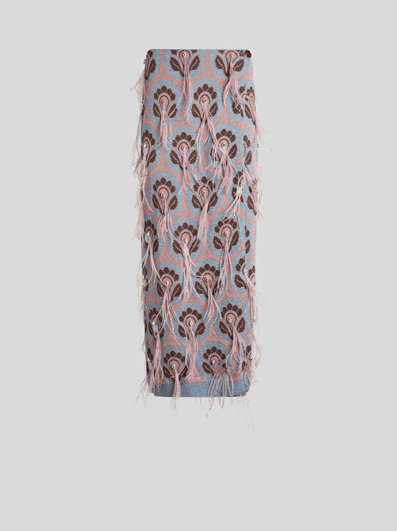 Shop Etro Jacquard Skirt With Feathers In Light Blue