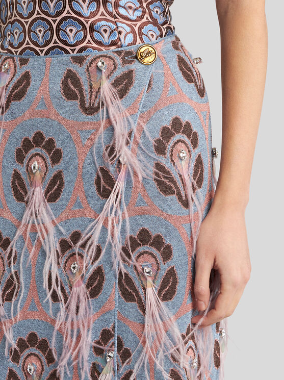 Shop Etro Jacquard Skirt With Feathers In Light Blue