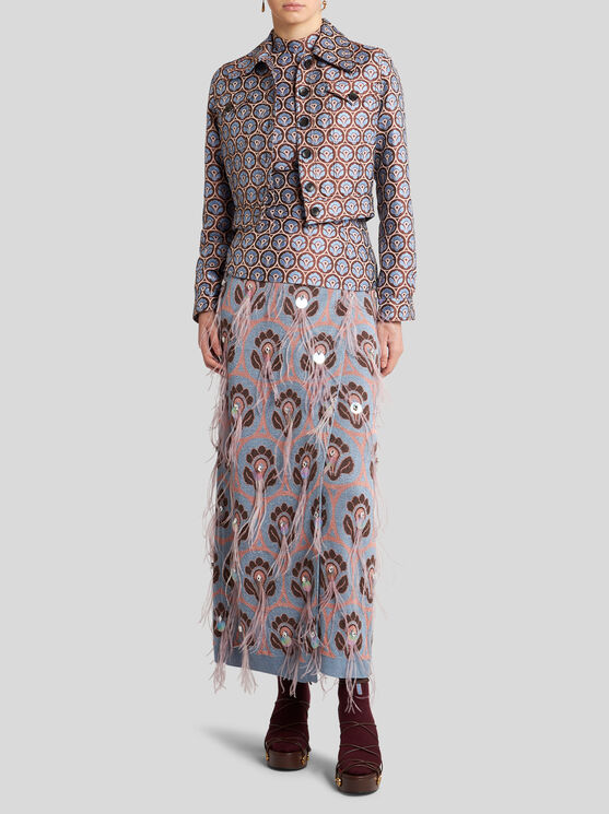 Shop Etro Jacquard Skirt With Feathers In Light Blue