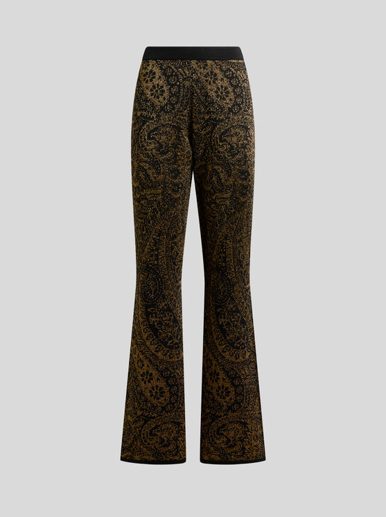 Etro , Flared Trousers In Wool-blend Jacquard With Metallic Paisley Motif, Woman, Black, Size 48 In Brown