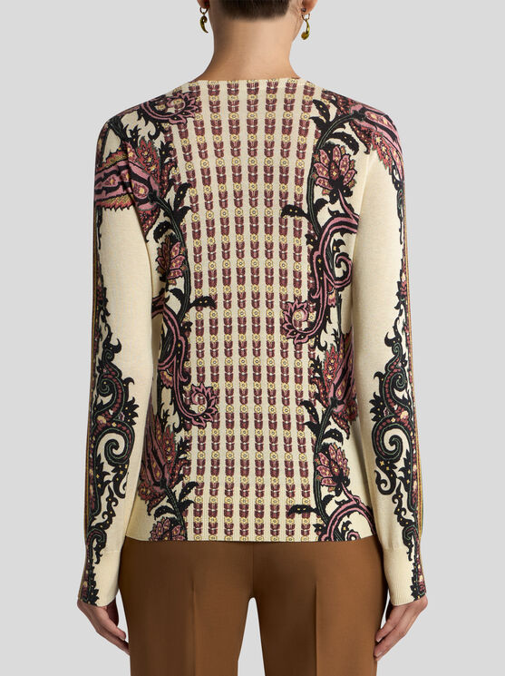 Etro , Silk And Cashmere Cardigan With Floral Paisley Motif, Woman, Beige, Size 50 In Nude