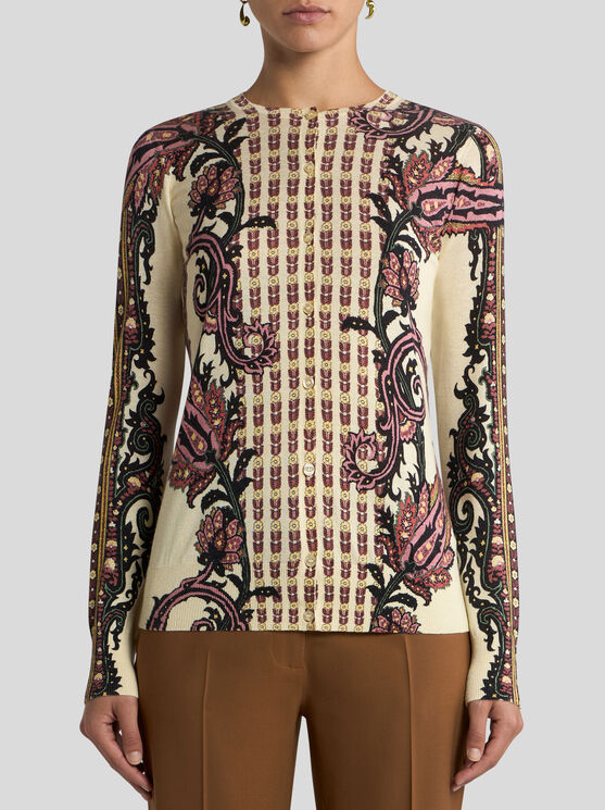 Etro , Silk And Cashmere Cardigan With Floral Paisley Motif, Woman, Beige, Size 50 In Nude