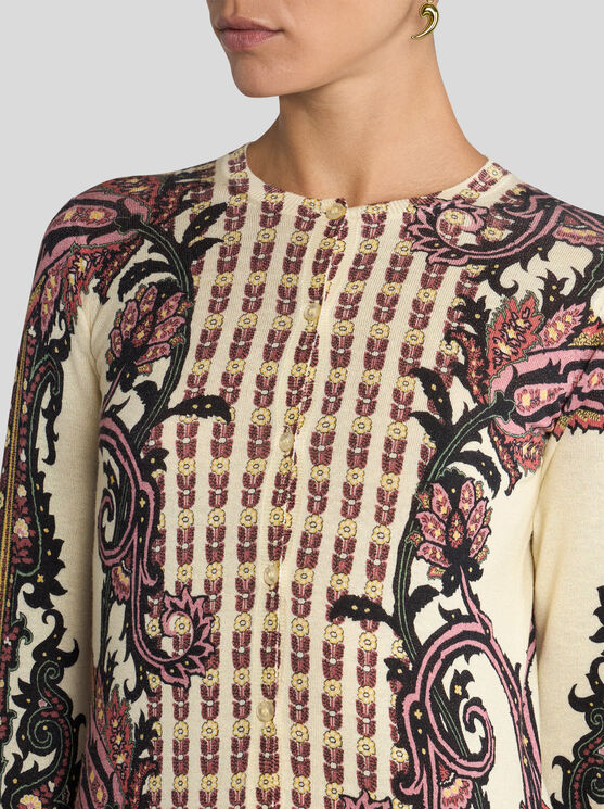 Etro , Silk And Cashmere Cardigan With Floral Paisley Motif, Woman, Beige, Size 50 In Nude