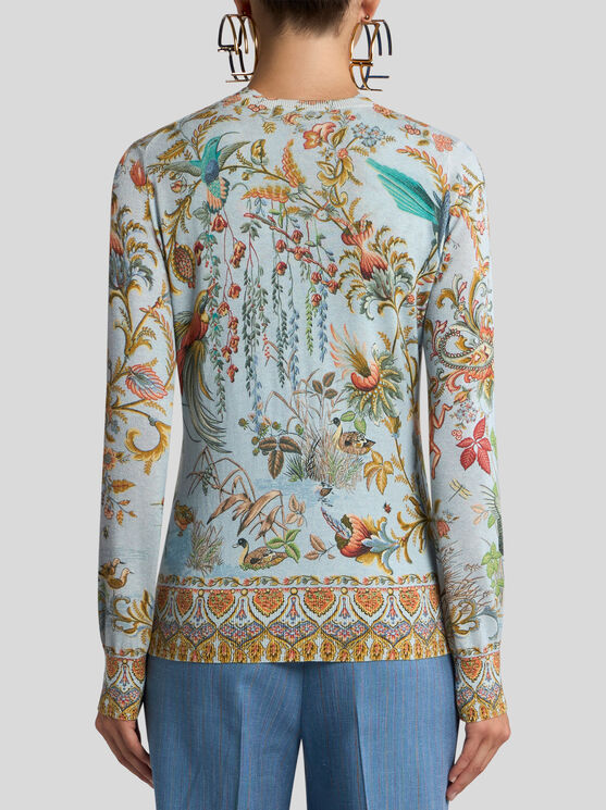 Etro , Cardigan Aus Seide Und Kaschmir Mit Motiv Flora Und Fauna, Damen, Pulverblau, Grösse 50 In Multi
