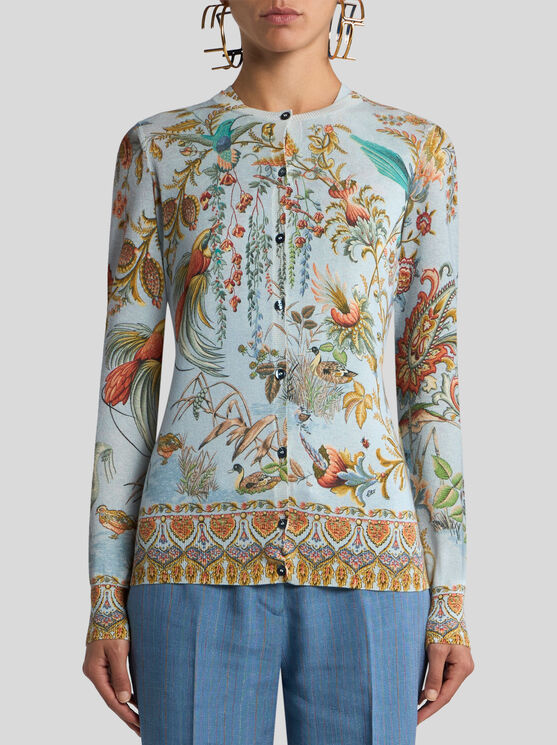 Etro , Cardigan Aus Seide Und Kaschmir Mit Motiv Flora Und Fauna, Damen, Pulverblau, Grösse 50 In Multi