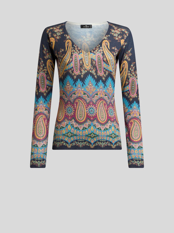 Etro , Silk And Cashmere Sweater With Placed Print, Woman, Size 46 In Multi