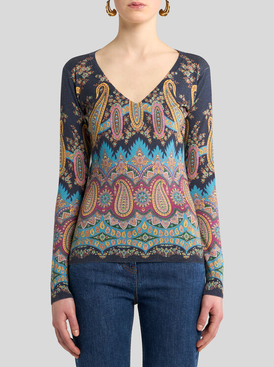 Etro , Silk And Cashmere Sweater With Placed Print, Woman, Size 46 In Multi