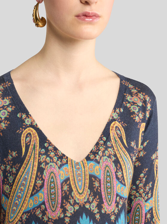 Etro , Silk And Cashmere Sweater With Placed Print, Woman, Size 46 In Multi