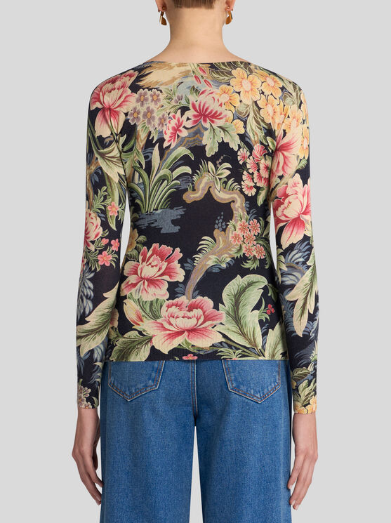 Shop Etro Printed Cashmere And Silk Sweater In Navy Blue