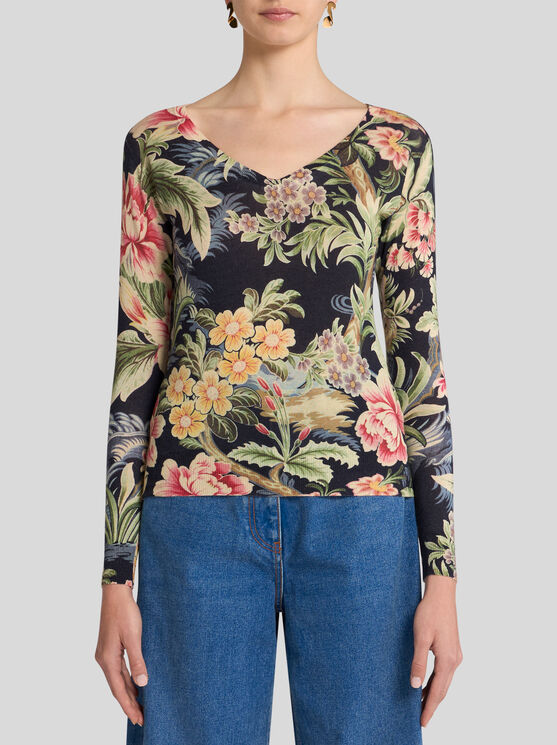 Shop Etro Printed Cashmere And Silk Sweater In Navy Blue