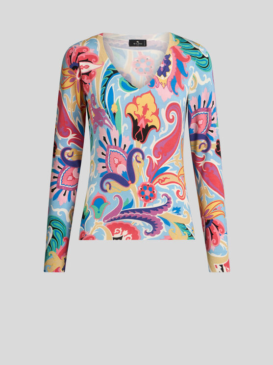 Etro , Sweater With Multicoloured Floral Print, Woman, Multicolour, Size 50 In Multicolour