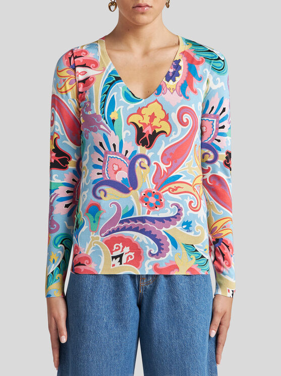 Etro , Sweater With Multicoloured Floral Print, Woman, Multicolour, Size 50 In Multicolour