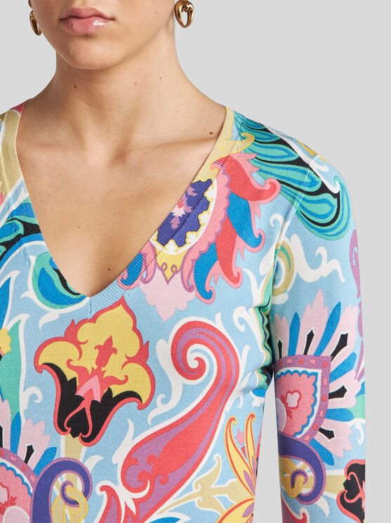 Etro , Sweater With Multicoloured Floral Print, Woman, Multicolour, Size 50 In Multicolour