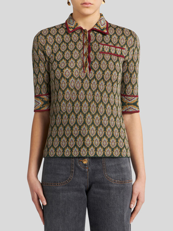 Shop Etro Knit Jacquard Polo Shirt In Green