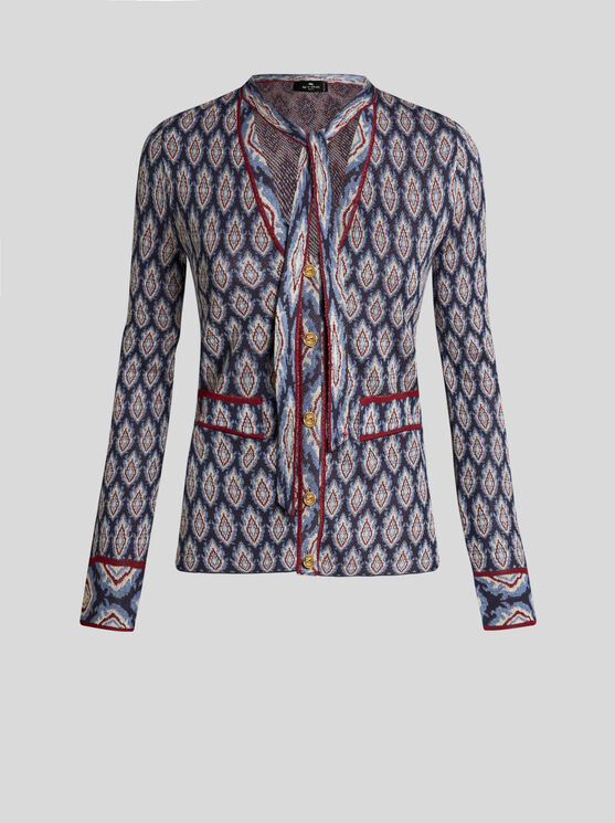 Shop Etro Jacquard Cardigan With Bow In Navy Blue