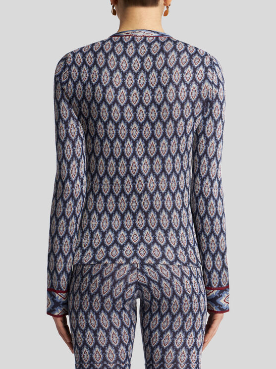 Shop Etro Jacquard Cardigan With Bow In Navy Blue