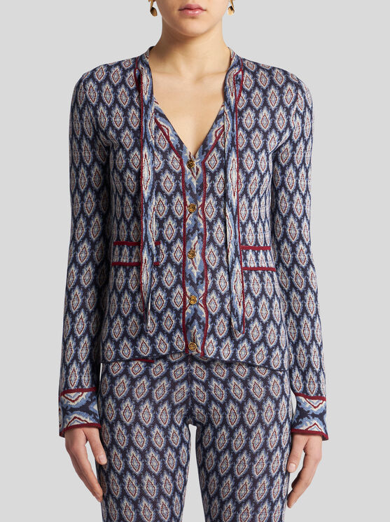 Shop Etro Jacquard Cardigan With Bow In Navy Blue