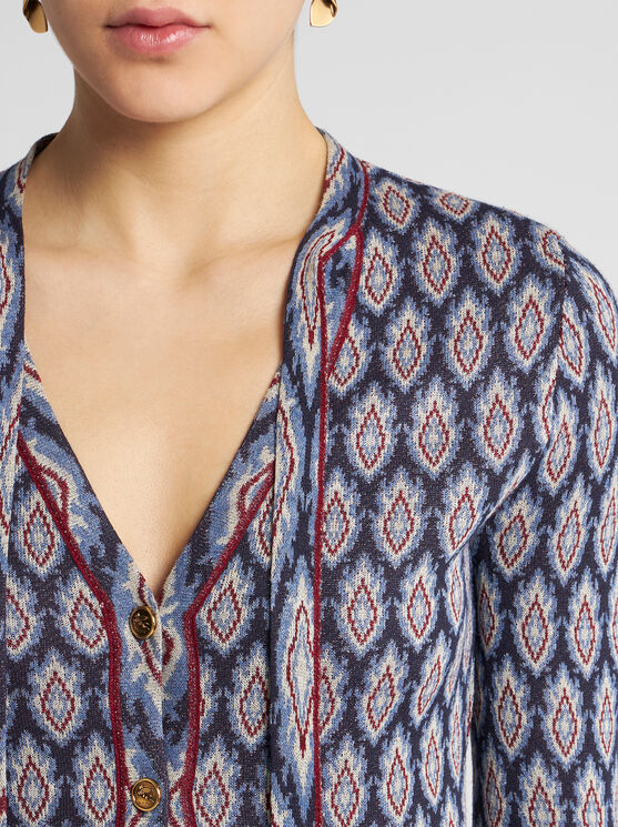 Shop Etro Jacquard Cardigan With Bow In Navy Blue