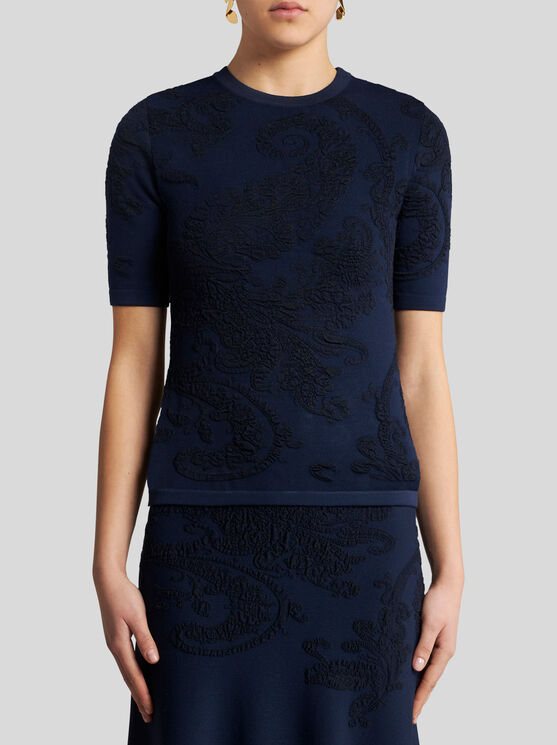 Etro Cotton Jacquard T-shirt In Navy Blue
