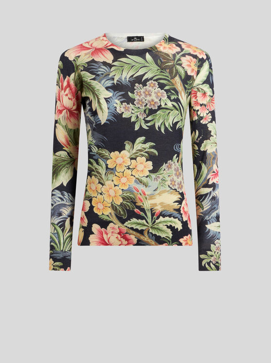 Shop Etro Printed Cashmere And Silk Sweater In Navy Blue