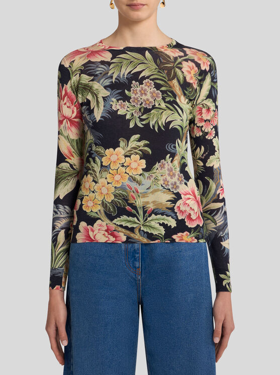 Shop Etro Printed Cashmere And Silk Sweater In Navy Blue