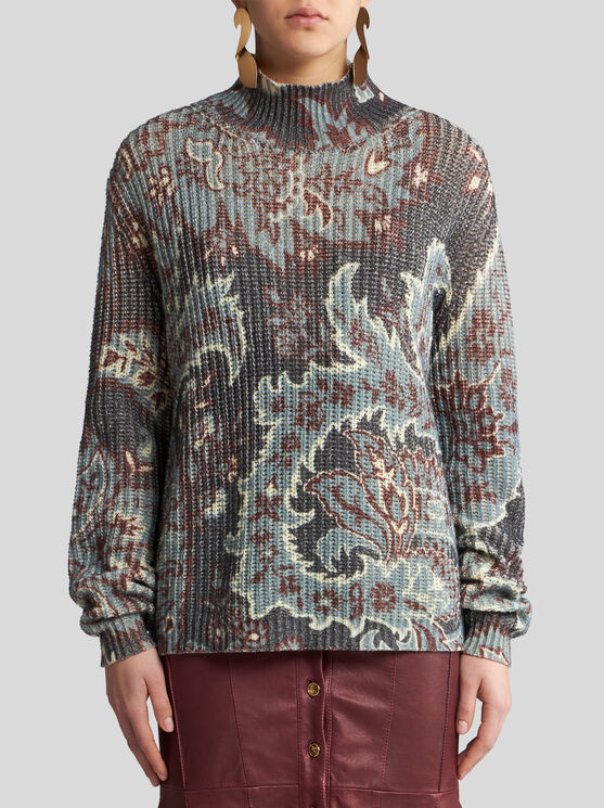 Shop Etro Printed Wool Sweater In Navy Blue