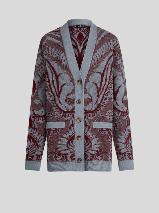 Shop Etro Wool Jacquard Cardigan In Navy Blue