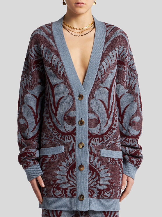 Shop Etro Wool Jacquard Cardigan In Navy Blue