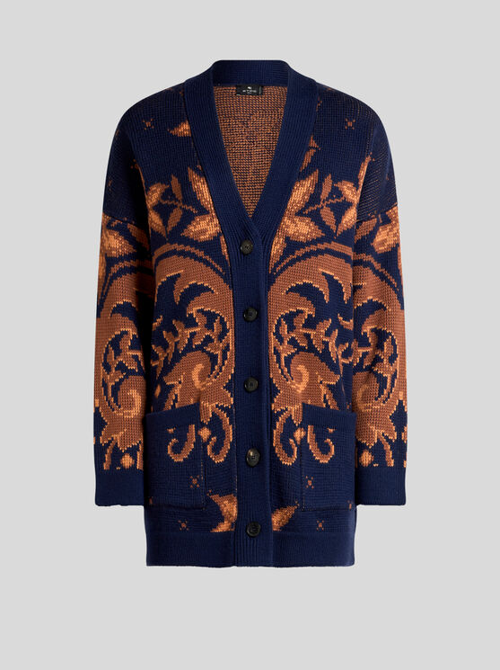 Etro Wool Jacquard V-neck Cardigan With Front Pockets In Multi