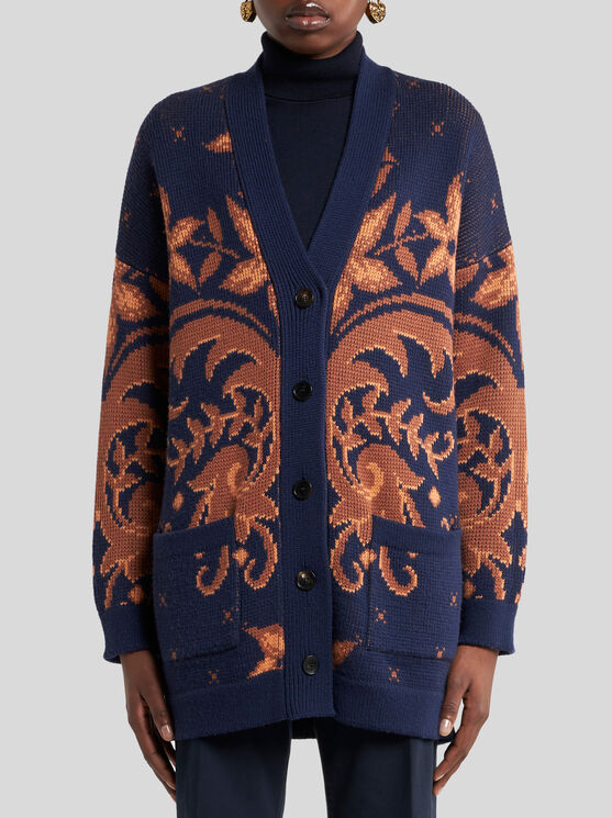 Etro Wool Jacquard V-neck Cardigan With Front Pockets In Multi