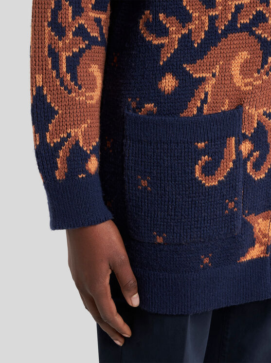 Etro Wool Jacquard V-neck Cardigan With Front Pockets In Multi