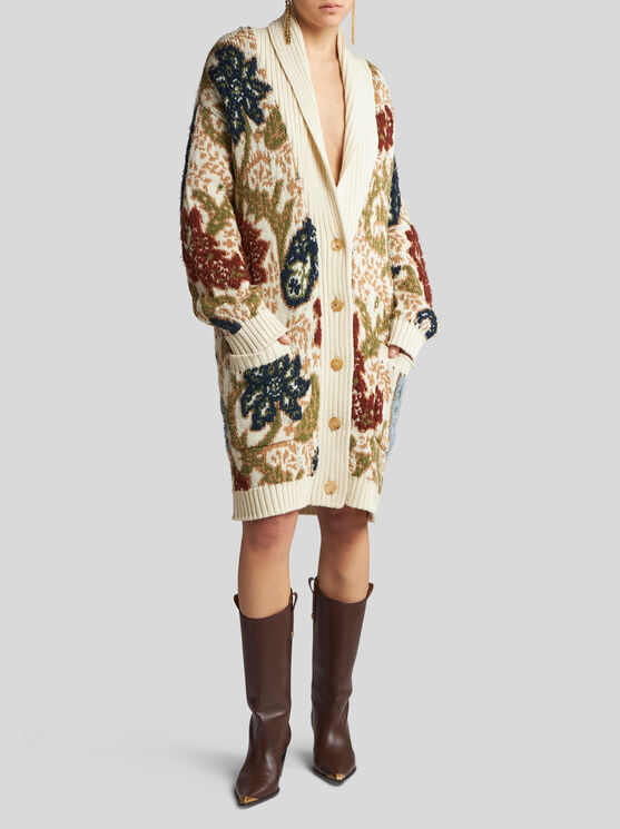 Shop Etro Knit Jacquard Maxi Cardigan In Beige