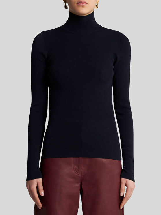 Etro Wool Knit Turtleneck Sweater In Navy Blue