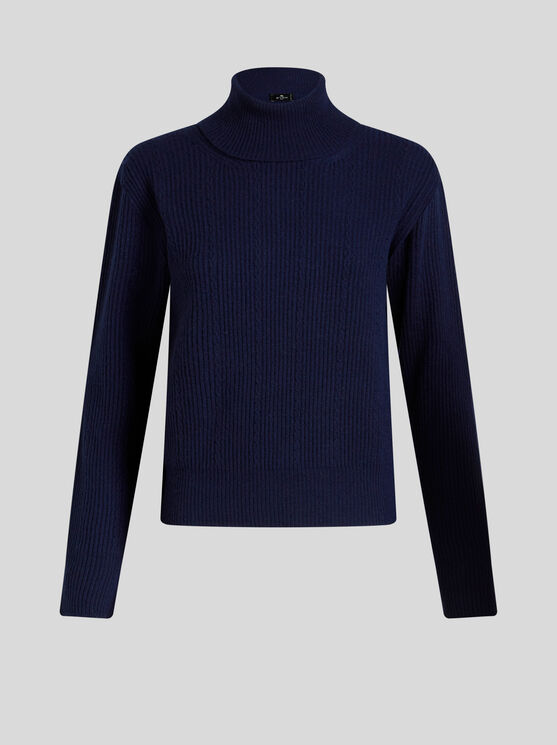 Etro , Wool And Cashmere Turtleneck Sweater, Woman, Navy Blue, Size 48 In Navy Blue