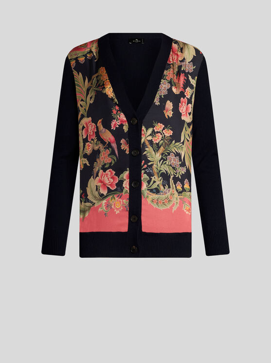 Shop Etro Wool Cardigan With Print In Navy Blue